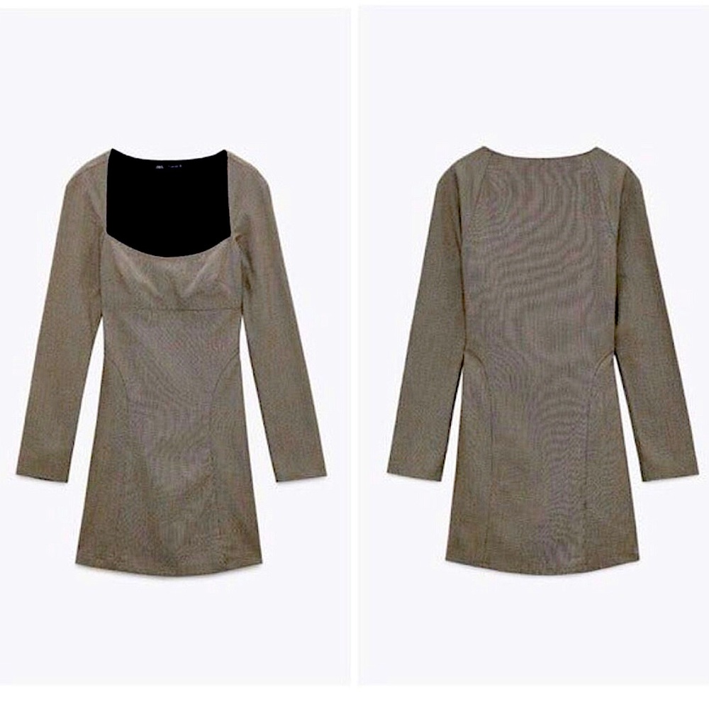ZARA Tailored Long Sleeve Square Neck Houndstooth Plaid Mini Dress [XS] NWT